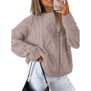 Women's Light Mauve Imported Pull On Oversized Cable Knit Crew Neck Sweaters